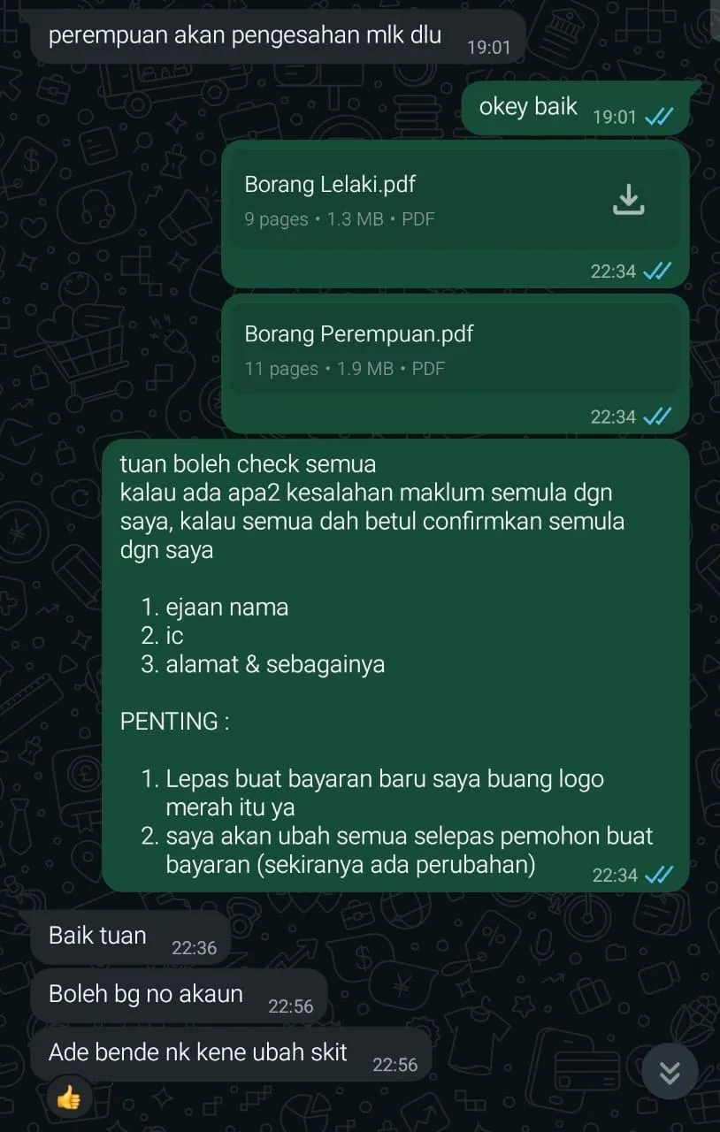 Chat WhatsApp: BNO Services menghantar Borang Lelaki.pdf dan Borang Perempuan.pdf, meminta pemohon menyemak ejaan nama, IC dan alamat. Pemohon membalas "Baik tuan".