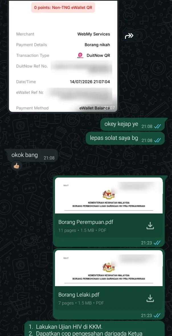 Chat WhatsApp: pemohon menghantar resit bayaran pada 21:07. Pada 21:23 BNO Services menghantar Borang Perempuan.pdf dan Borang Lelaki.pdf beserta senarai langkah seterusnya.