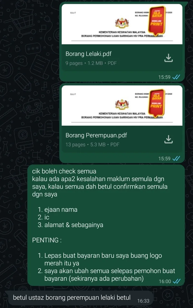 Chat WhatsApp: BNO Services menghantar draf Borang Lelaki.pdf dan Borang Perempuan.pdf untuk disemak. Pemohon membalas "betul ustaz borang perempuan lelaki betul".
